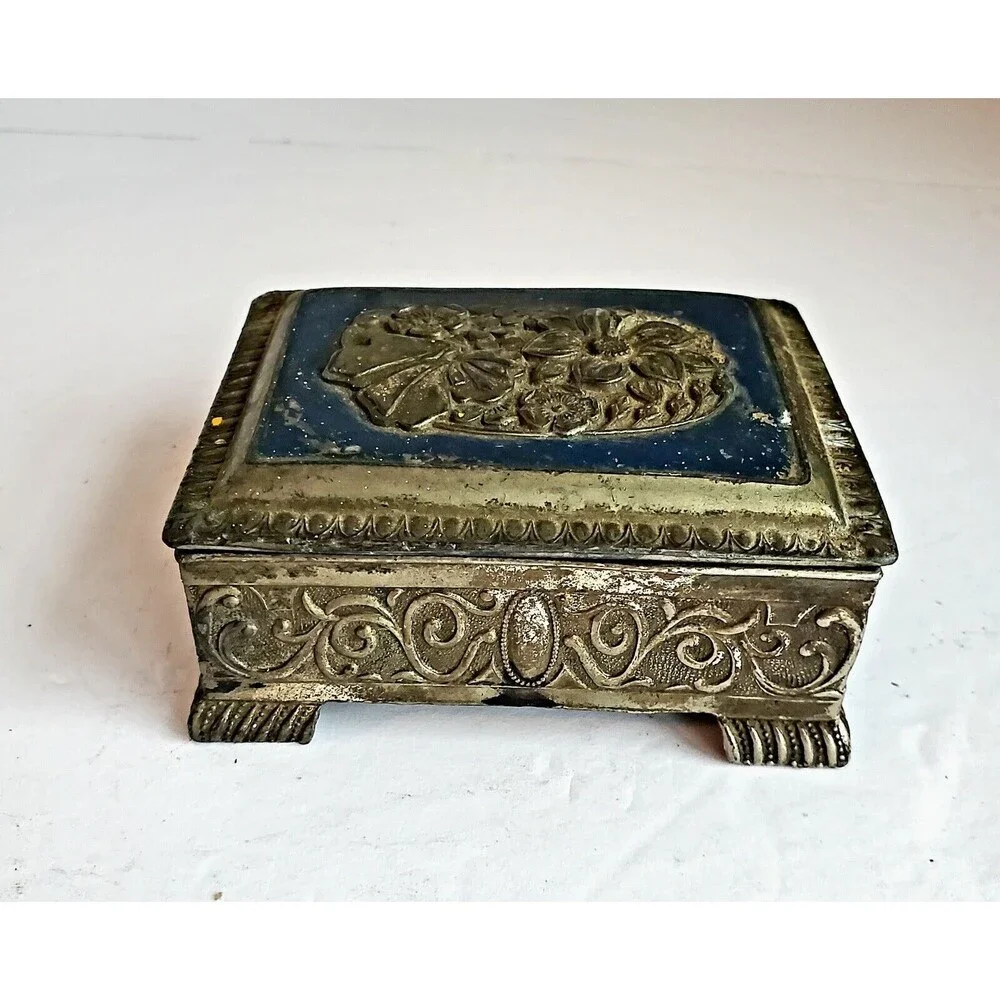 Silver Toned Footed Trinket Box Occupied Japan Blue Top Embossed Rose Vintage